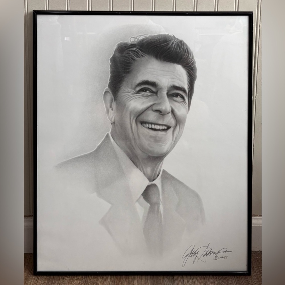 Vintage Ronald Reagan Black & White Print Gary Saderup Portrait Drawing 1998 VTG